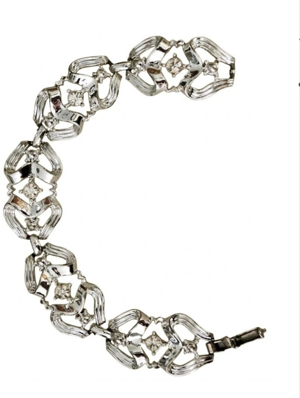 Vtg Coro Silver Tone Link Bracelet with Clear Rhinestones - Mid Century Modern